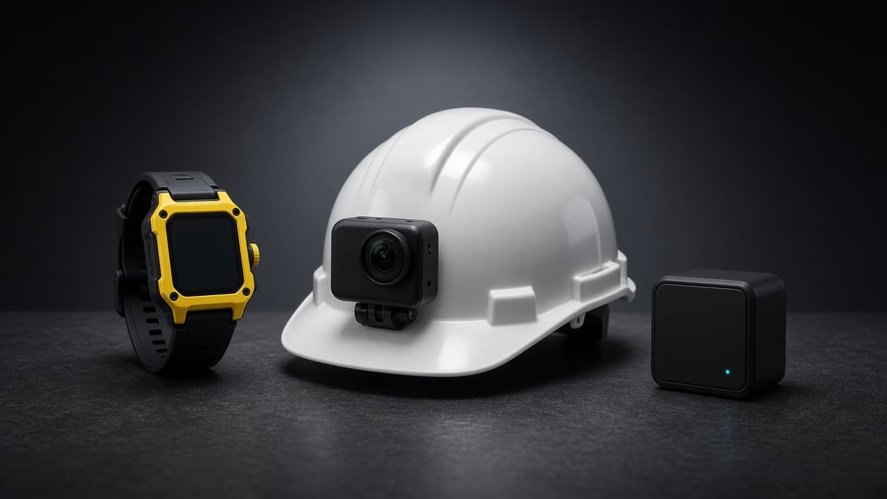 Connected safety devices: a rugged watch, a hard hat with a camera, and a field sensor