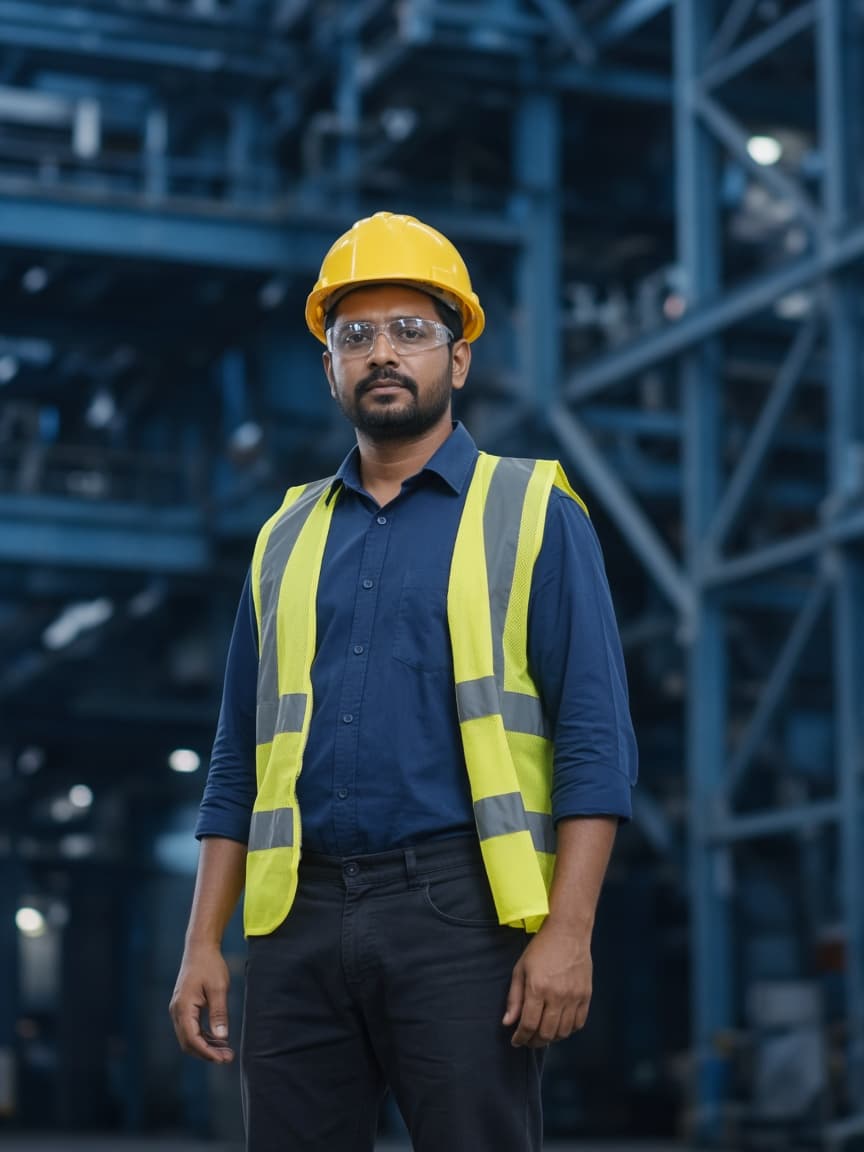 Industrial worker in a yellow hard hat and high-visibility vest inside a plant